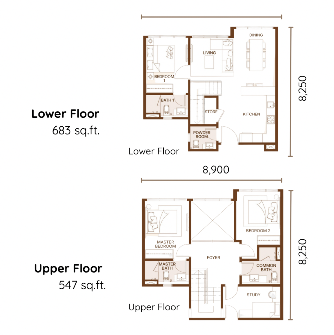 Coronade Twins Type D 1,230 sq ft floor plan
