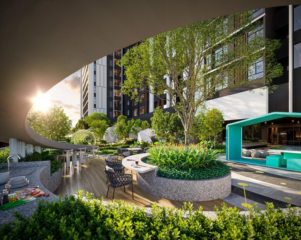 Artist impression of the Gen Sphere BBQ terrace and garden