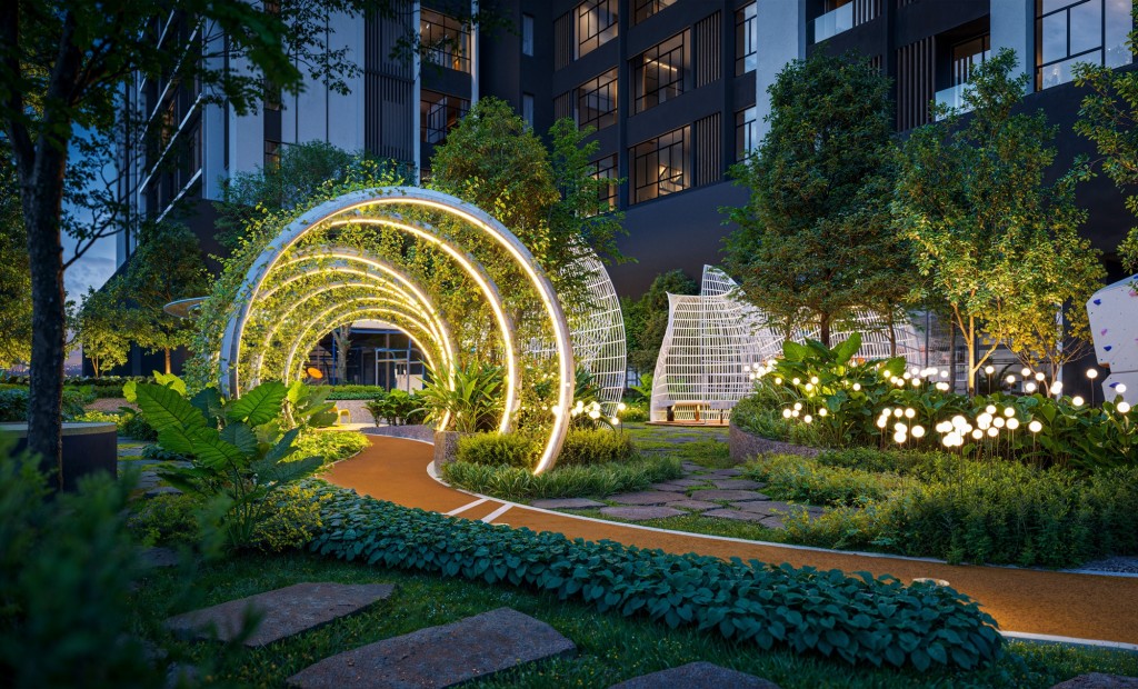 Artist impression of the Gen Sphere jogging path surrounded by greenery