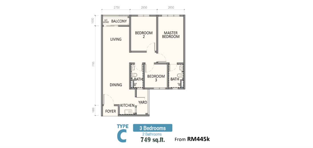 Riverhaus Type C 749 sq ft floor plan