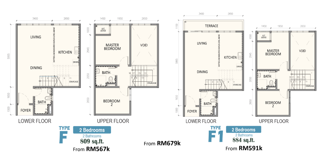 Riverhaus Type F / F1 809–884 sq ft floor plan
