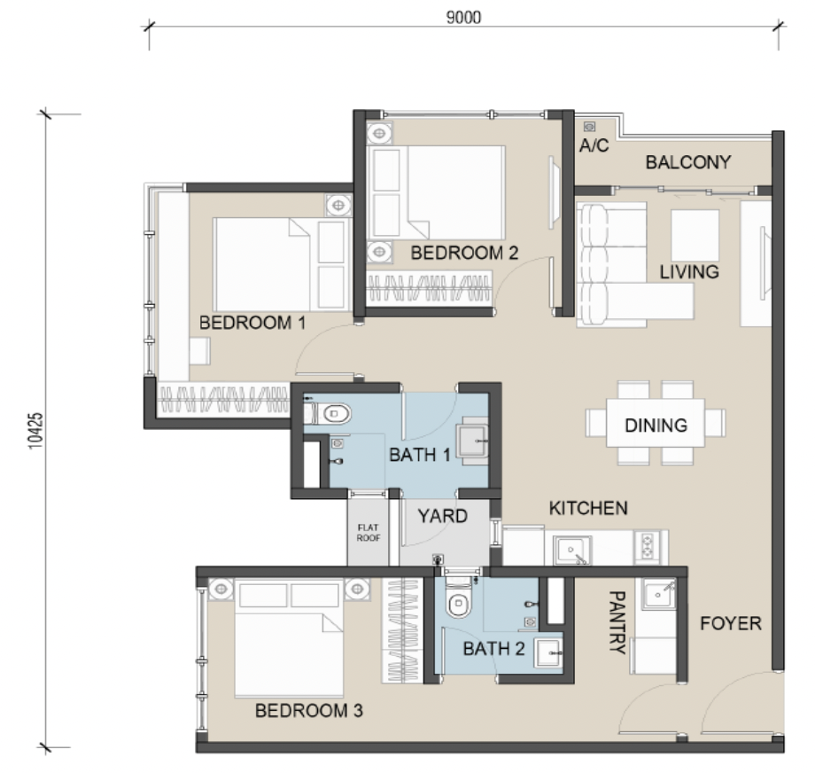 The Address @ Maxim Pelangi Type C (Dual Key) 865 sq ft floor plan